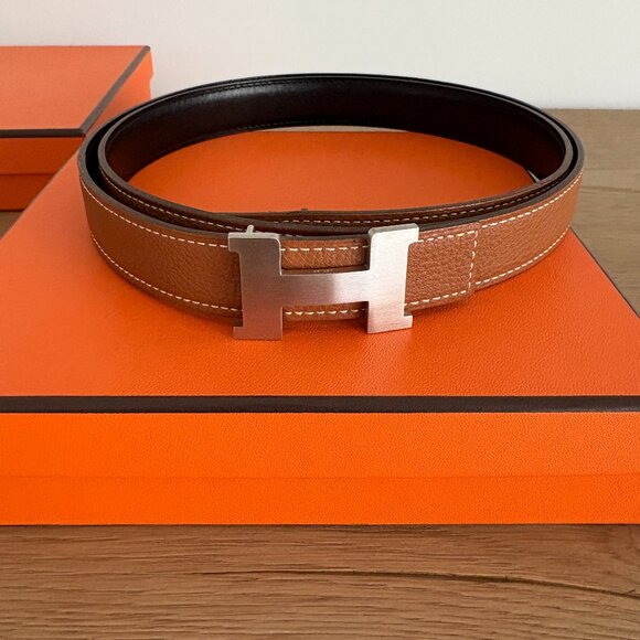 Hermes Mini Constance Etoupe and Black Reversible Silver Belt Sz 100 Never Used - Picture 1 of 12